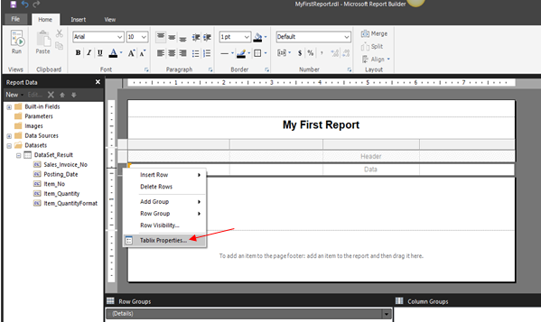 table properties for dataset