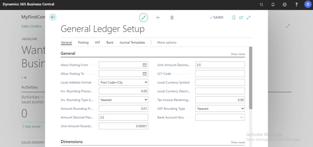 How to Create General Ledger Setup in D365 BC 3 General Ledger Set Up Window Will OPen