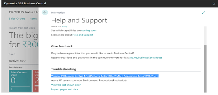 check Application and Platform version in bussiness central