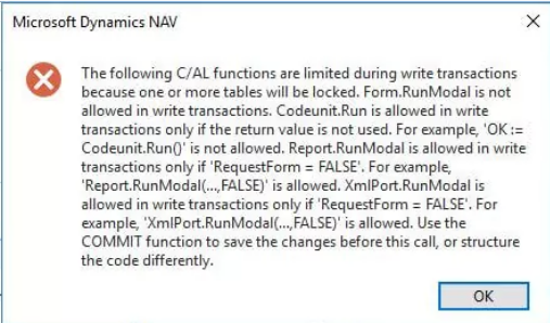 Usage of COMMIT in BC D365 2 error in microsoft nav