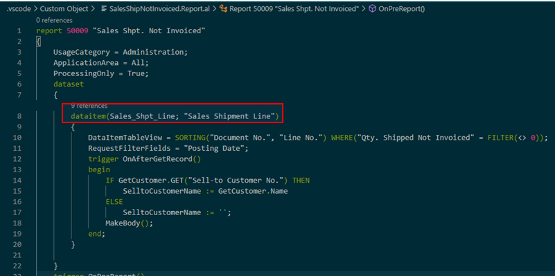 Sales Shipped not Invoiced Report in BC D365 1 Sales Shipment Line dataitem code unit