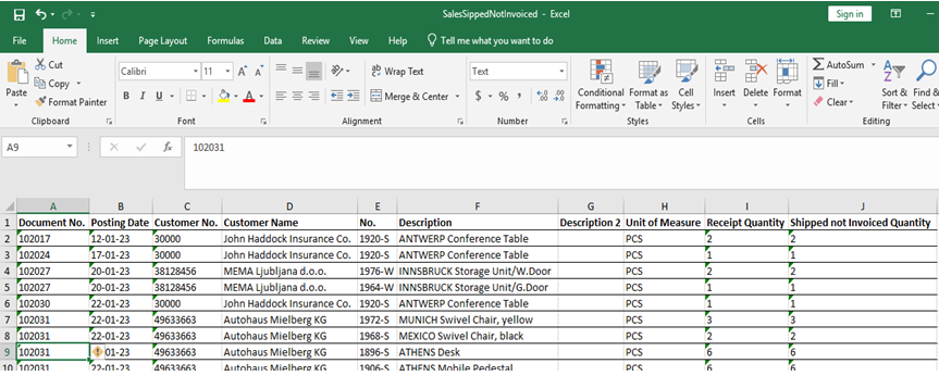 Sales Shipped not Invoiced Report in BC D365 8 Sales Shipped not Invoiced Report obtained in excel