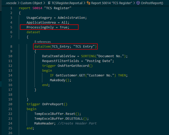 TCS Register Report Development and Format in BC D365 1 TCS Register Report Development dataitem