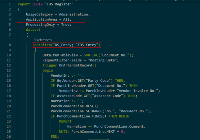 TDS Register Report Development and Format in BC D365 1 TDS Register Report data item bc d365