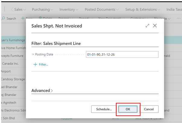 Sales Shipped not Invoiced Report in BC D365 7 sales shipment line posting date filter in bc d365