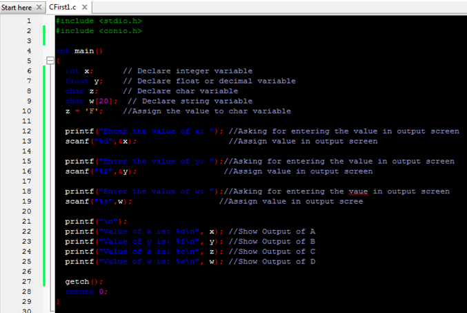Variables in C Language 1 Sample C language code using all variables