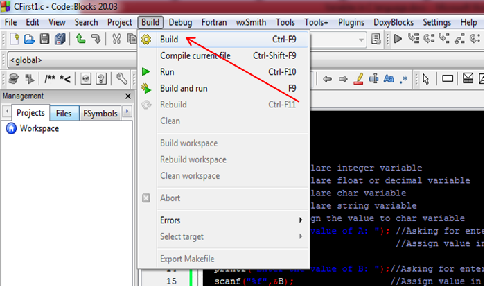 Variables in C Language 2 click on build menu in codeblocks