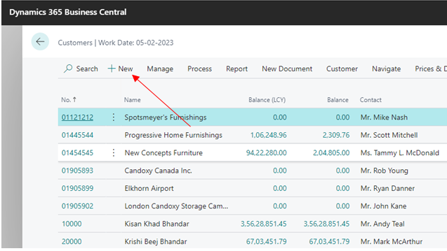 How to Create Customer Master in D365 BC 2 click on new to create new customer in D365 BC