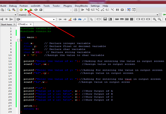 Variables in C Language 3 click on run menu in codeblocks
