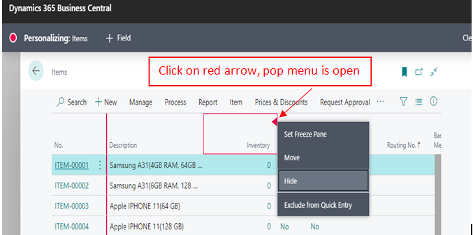 Restore and Change in Pages by using Personalize in BC D365 4 item list page open in personalize in bc d365