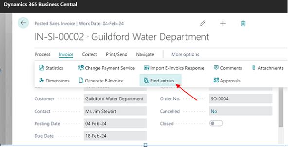 Click on find entries in Posted Sales Invoice Document in d365