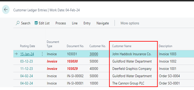 How to Setup Customer Name field in Customer Ledger Entries in D365 BC 4 Customer Name Field is visible in Business Central