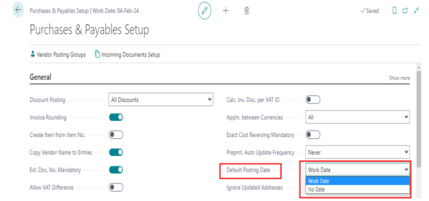 How to Define Default Value for Posting Date Field in Purchase Documents 2 Default Posting Date in BC D365 in Purchses set up
