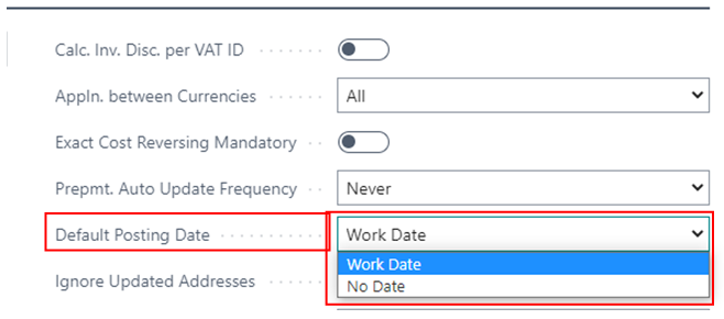 How to Define Default Value for Posting Date Field in Purchase Documents 3 Defualt posting date values in Business Central