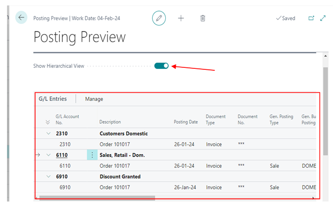 New Add-ons in Posting Preview Functionality in D365 BC 11 Preview Posting page in hierarchical view in Business Central