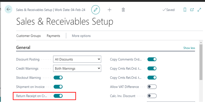 Automatic Posting of Return Receipt at the time of Sales Credit Memo Posting 2 Return Receipt on Credit Memo enable in d365 bc