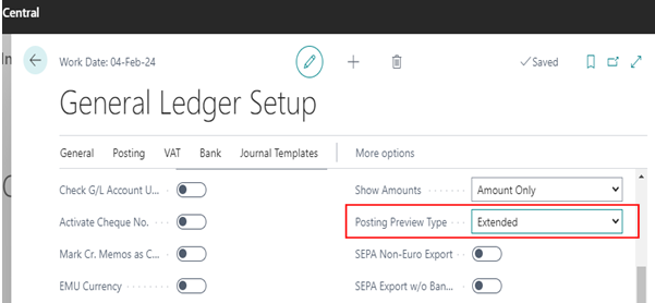 New Add-ons in Posting Preview Functionality in D365 BC 7 Select Preview Posting Type Extended in BC D365