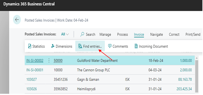click on Find Entries in Posted Sales Invoice List bc d365