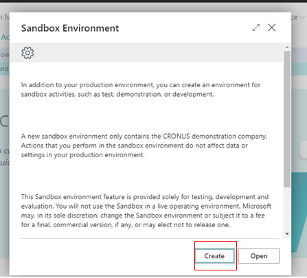 Create or Setup Sandbox Environment in D365 BC 2 click on create sandbox environment