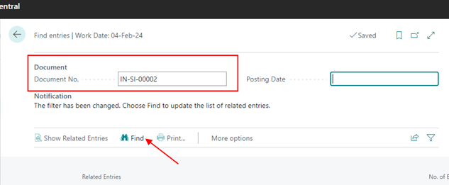 enter document no. in the highlighted field and press button Find in d365 bc
