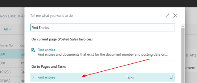 find entries in search bar in d365 bc