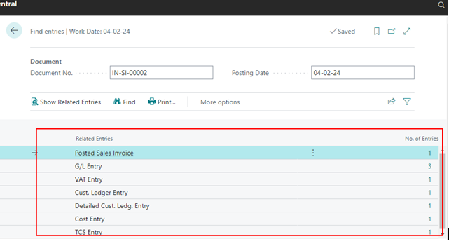 system shown all related entries of entered document no. in bc d365