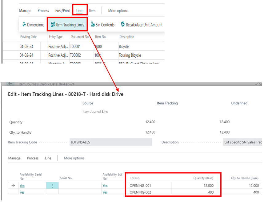 Creation and Posting of Item Opening from Item Journal in D365 BC 6 Item Tracking Lines in BC D365