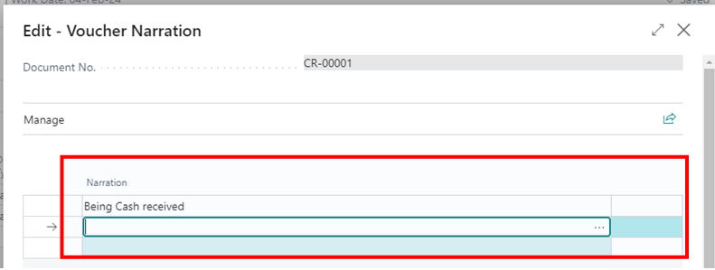 How to Create Cash Receipt Voucher in D365 BC 5 enter voucher narration for Cash Receipt Voucher in D365 BC