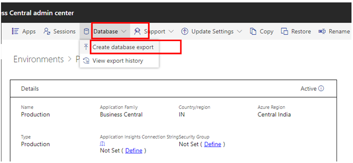 go to database and create database export in d365 bc