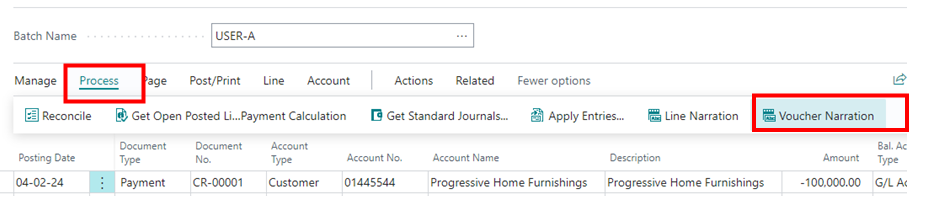 How to Create Cash Receipt Voucher in D365 BC 4 go to voucher narration for Cash Receipt Voucher in D365 BC