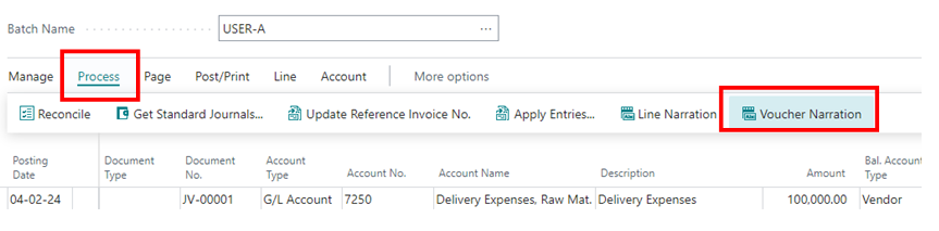 How to Create Journal Voucher in D365 BC 4 select voucher narration for Journal Voucher in D365 BC