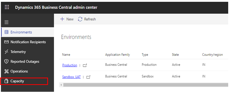 How to See Database Storage Capacity in D365 BC SAAS 2 select Capacity option in d365 bc