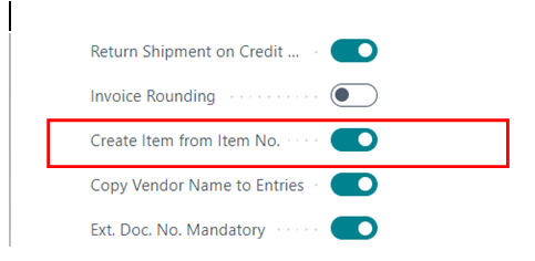 Auto creation of Item while entering Item Description in Purchase Line in D365 BC 3 Enable create item from item no. in purchase setup