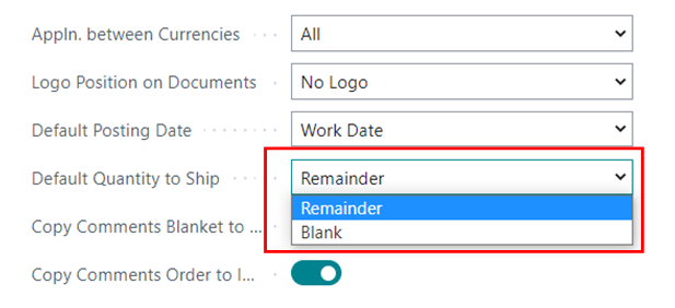 Specifies the default value for the “Qty. to Ship” and “Return Qty. to Receive” on Sales Order and Sales Return Lines in D365 BC 3 default quantity to ship field contain two fields