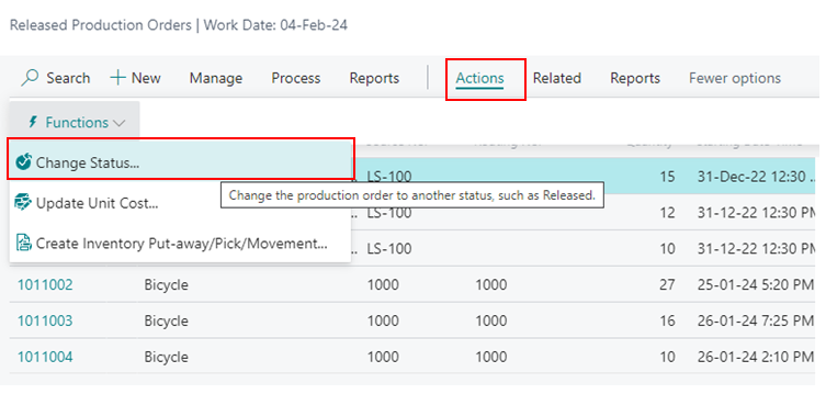 Finished Production Order in Business Central 3 Change status select in rpo in d365 bc