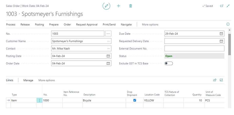 Process and Setup of Drop Shipment in Business Central D365 2 Drop-Shipment Sales Order in D365 BC