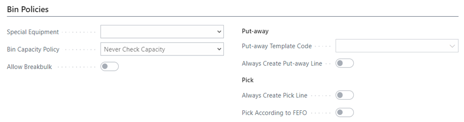 Location Card Bin Policies in D365 BC