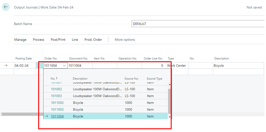 Creation and Posting of Output Journal in D365 BC 2 Output Journal page opens in Business Central