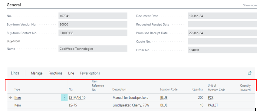 Reverse Purchase Receipt in Business Central D365 3 go to the Receipt Line and select Item No. in d365 bc
