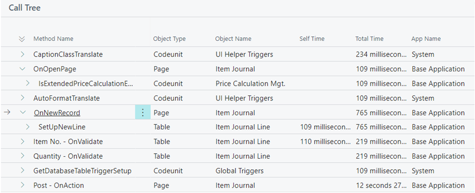 Analyze Process Performance in Business Central 11 Call tree in business central