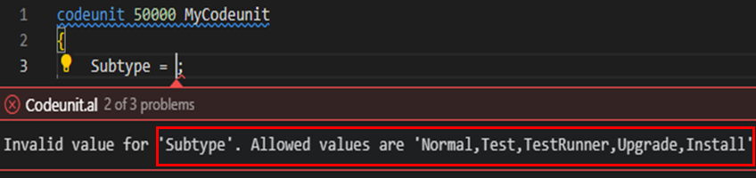 Codeunit categories into SubType Property in D365 BC 1 Visual Studio shown Codeunit categories into SubType Property