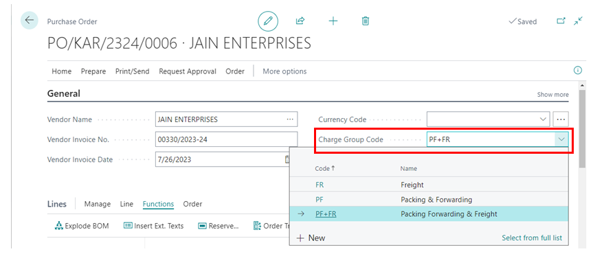 Auto Item Charge Line Creation and Assignment in Purchase in D365 BC 1 Charge Group Code in D365 BC